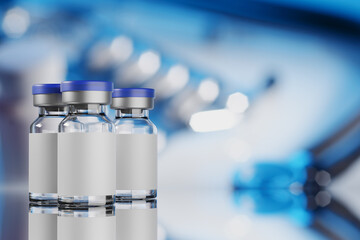 Vaccine glass vials on blue background, 3d rendering illustration.