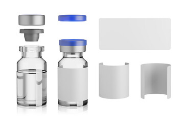 Vaccine glass vial isolated on white. 3d rendering. - obrazy, fototapety, plakaty
