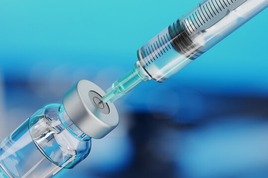 Medical disposable syringe for vaccine injection and glass vial.
