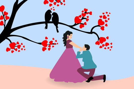 Valentines Day Background With Day Cartoon Style Boy Proposing To Girl  And Typography Of Happy Valentines Day Text . Vector Illustration. Wallpaper, Flyers, Invitation, Posters, Brochure, Banners.
