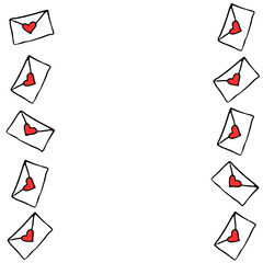 Frame, backdrop with love letters. Doodle Envelopes with red hearts. Vertical edging on the sides, border, decoration for invitations, Valentine's day, greeting card, wedding, post theme