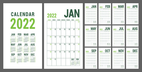 Calendar planner 2022. English calender green template. Vector grid. Office business planning. Creative trendy design