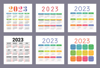 Fototapeta na wymiar Calendar 2023 year. English colorful vector set. Square wall or pocket calender template. Design collection. New year. Week starts on Sunday