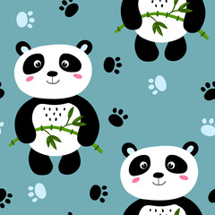 Seamless pattern with cute panda baby on color background. Funny asian animals. Card, postcards for kids. Flat vector illustration for fabric, textile, wallpaper, poster, gift wrapping paper.