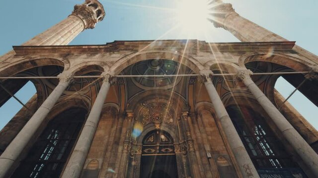 Konya Turkey, Aziziye Mosque.
camera rotates from bottom to top. The Lens Toward the Sun Creates Fleur. 4K.