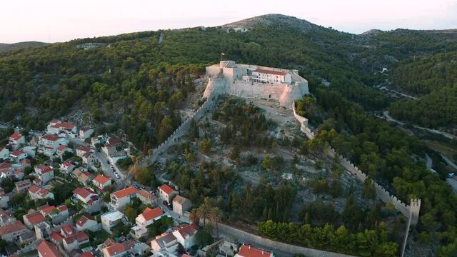 Aerial view of Spanish Fortress at Hvar at sunset. Hvar island, Croatia