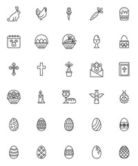 Happy Easter line icons set. linear style symbols collection, outline signs pack. vector graphics. Set includes icons as Easter egg, holy angel, egg basket, bunny, chicken, bible book, religious cross