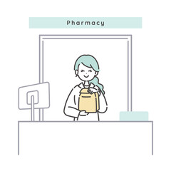 窓口で薬の受け渡しをする女性薬剤師のイラスト