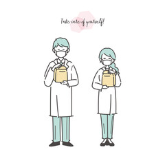 薬の受け渡しをする男女の薬剤師のイラスト