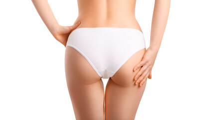 Beautiful sexy female ass in white underwear. Concept for diet, anti-cellulite products, skin care and sports, white isolated background.