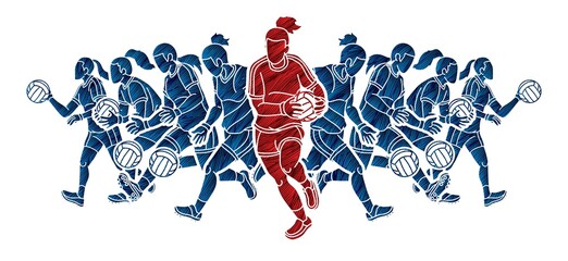 Group of Gaelic Football Women Players Action Cartoon Graphic Vector. - obrazy, fototapety, plakaty
