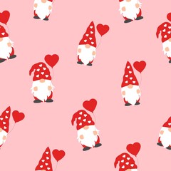 Valentines day seamless pattern with cute gnomes and red hearts on pink background