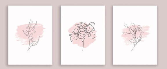 Flowers Single Line Drawing Prints Set. Continuous Line Drawing of Simple Flower Minimalist Style. Abstract Contemporary Design Template for Covers, t-Shirt Print, Postcard, Banner etc. Vector EPS 10.