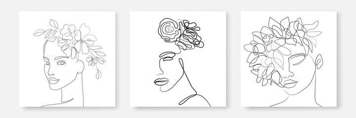 Woman Head with Flowers Continuous Line Drawing Prints Set. Female One Line Abstract Portrait. Woman Minimalist Contour Wall Art Design. Vector EPS 10.