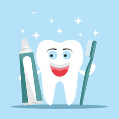 Happy tooth. A white clean tooth holds the toothpaste and toothbrush. The concept of brushing your teeth. Hygiene of the oral cavity. Vector illustration isolated on a white background for design and 