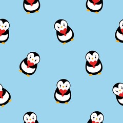 Vector seamless pattern of colored flat cartoon cute penguin with heart isolated on blue background
