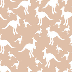 Vector flat illustration with silhouette kangaroo and baby kangaroo on fiery background. Seamless pattern on beige background. Design for card, poster, fabric, textile. Pray for Australia and animals