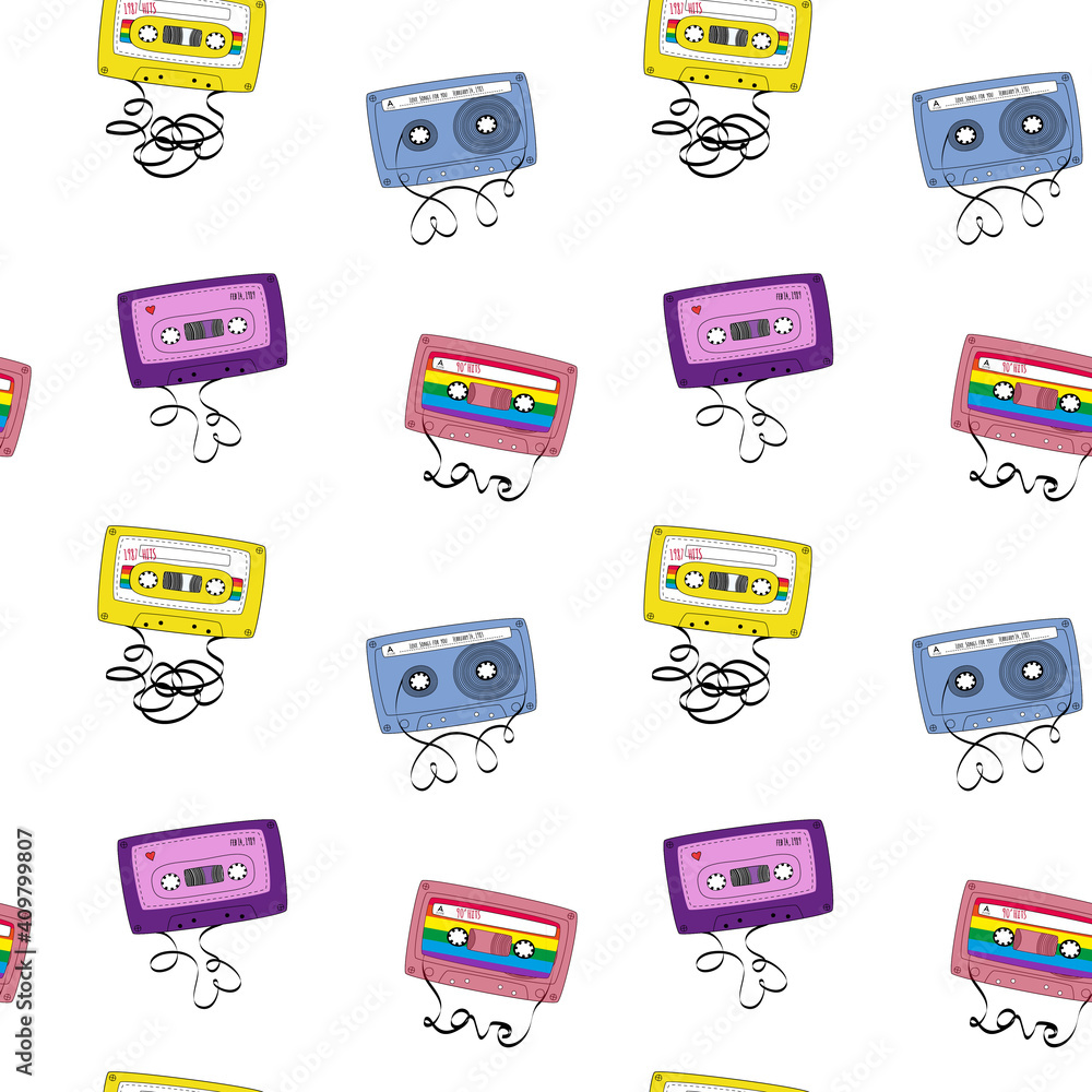 Poster seamless pattern with audio tapes cassettes. vector illustration in doodle style