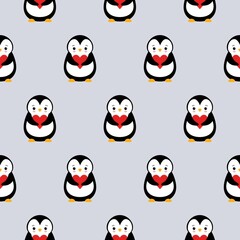 seamless pattern texture of penguin and heart on grey background.