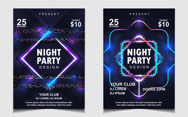 Night dance party music layout cover design template background with colorful dark blue glitters style. Light electro vector for music event concert disco, club invitation, festival poster, flyer