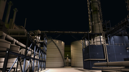 Perspective night light on oil and gas refinery industrial building.3d rendering.