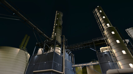 Uprisen angle view night light on oil and gas refinery industrial building.3d rendering.