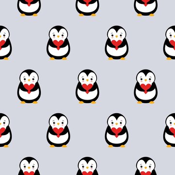 seamless pattern texture of penguin and heart on grey background.