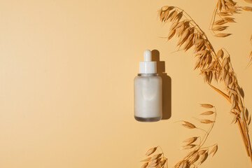 Natural cosmetic concept with serum bottles with oat spike