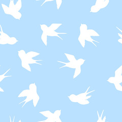 Seamless pattern with white swallow silhouette on blue background. Cute bird in flight. Vector illustration. Doodle style. Design for invitation, poster, card, fabric, textile