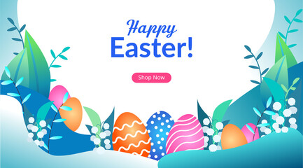 Happy Easter Day card with eggs, and spring flowers on light blue background. Design for web page, sale flyer, social media post banner