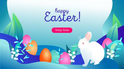 Happy Easter Day card with eggs, bunny and spring flowers on light blue background. Design for web page, sale flyer, social media post banner