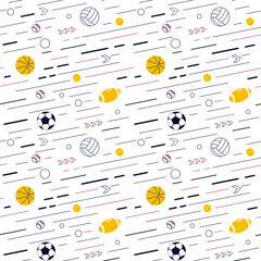 Seamless pattern from sport equipment and dynamics lines. Sport accessories isolated on white background. Contemporary Flat Vector Illustration