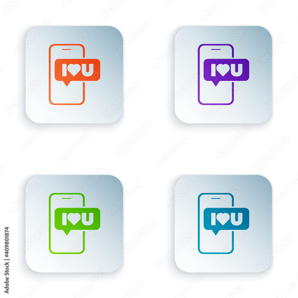 Poster color mobile phone with heart icon isolated on white background. valentines day. set colorful icons 