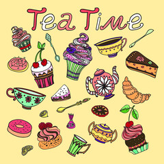 Tea time. Retro set with cups and sweet desserts, hand-drawn vector illustration.
