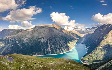 Aerial drone shot of Schlegeisspeicher glacier reservoir in zillertal alps in Austria