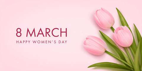Women's day banner. 8 march holiday background with realistic tulips. Vector illustration for poster, brochures, booklets, promotional materials, website - obrazy, fototapety, plakaty