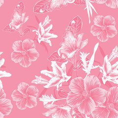 Seamless pattern floral with Hibiscus and Lilly flowers on isolated pink pastel background.Vector illustration hand drawn.For fabric design or product packaging.