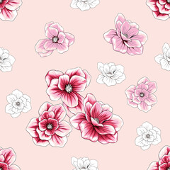 Seamless pattern floral beautiful magnolia flowers vintage pink pastel abstract background.Vector illustration hand drawing line art.for fabric textile design or Product packaging