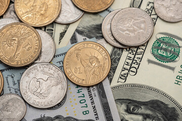 American money dollar bills and coin