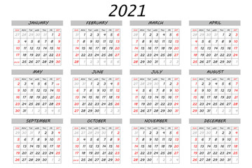 2021 calendar planner. Corporate week. Template layout, 12 months yearly, white background. Simple design for business brochure, flyer, print media, advertisement. Week starts from Sunday. A4 size.