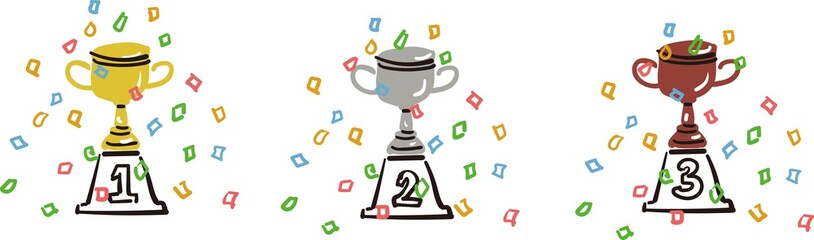 トロフィーとカラフルな紙吹雪イメージ