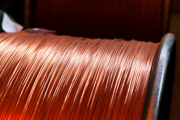 Copper wire reels in cable factory close up
