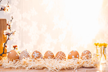 Easter eggs in the morning sunlight. Rural scene