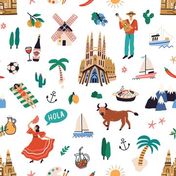Seamless pattern with famous symbols of Spanish culture. Endless repeatable texture with buildings, dancers, guitar, bulls, food, wine of Spain. Colored flat vector illustration on white background
