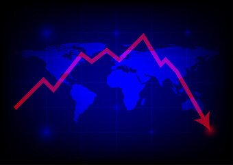 Red graph drop arrow down with world map on blue technology background. Money losing. Stock crisis and finance concept.