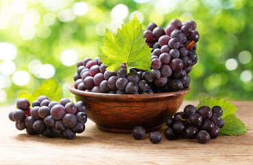 fresh ripe grapes with leaves in a bowl