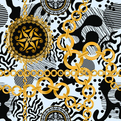 Seamless pattern decorated with precious stones, gold chains and pearls.	