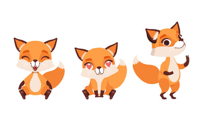 Adorable Little Fox in Various Emotions Set, Lovely Baby Animal Cartoon Character with Various Face Expression Vector Illustration