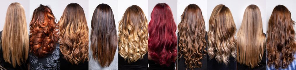 collage with many hairstyles of women with long curly and straight hair, styles with bright...