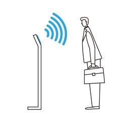 An office worker who uses a stand-type non-contact thermometer